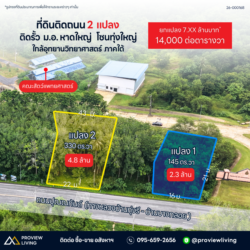 ที่ดินติดถนน 2 แปลง ติดรั่ว ม.อ. หาดใหญ่ โซนทุ่งใหญ่ ใกล้อุทยานวิทยาศาสตร์ ภาคใต้ ยกแปลง 7.XX ล้านบาท