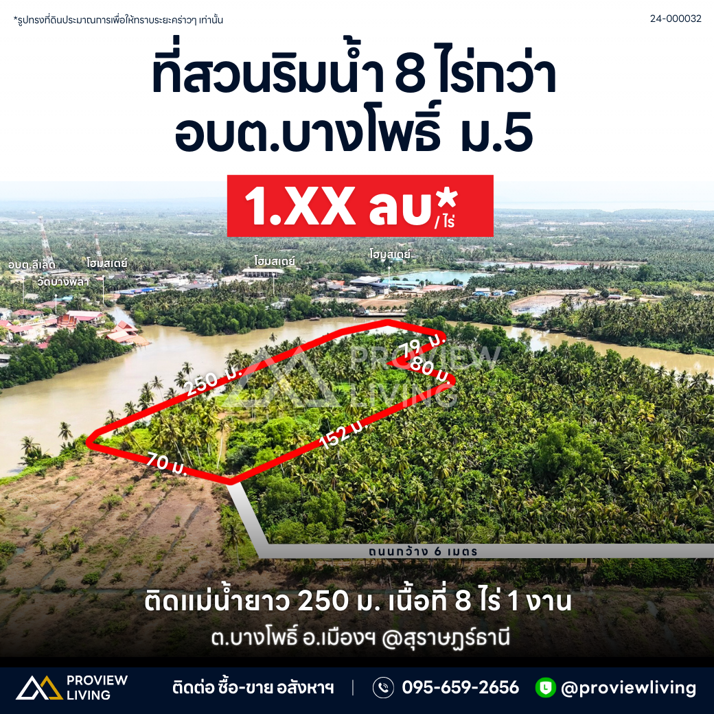 ที่ดินริมแม่น้ำ + สวนมะพร้าว เนื้อที่ 8-1-24 ไร่ @บางโพธิ์ สุราษฎร์ธานี