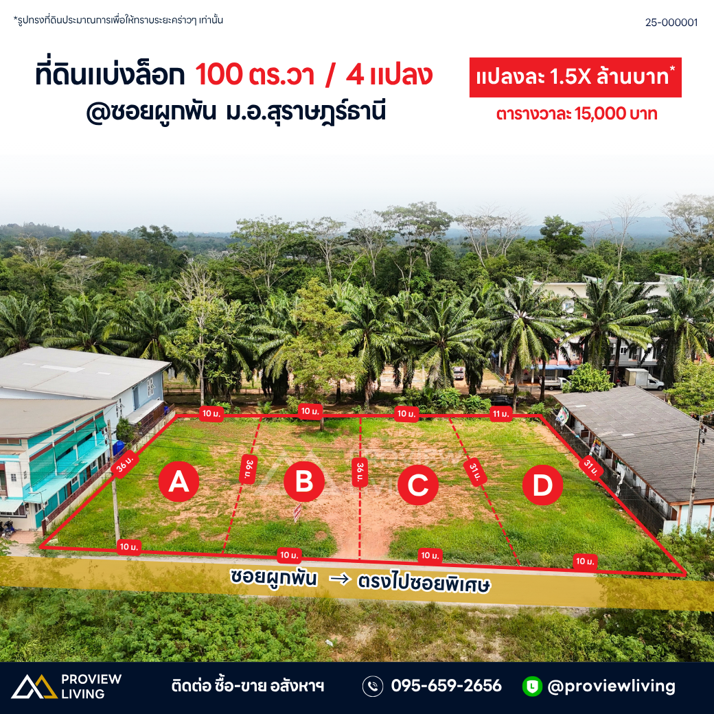 ขายที่ดินแบ่งล็อค 100 ตร.วา 4 แปลง @ซอยผูกพัน ม.อ.สุราษฎร์ธานี แปลงละ 1.5 X ล้านบาท ตารางวาละ 15,000 บาท
