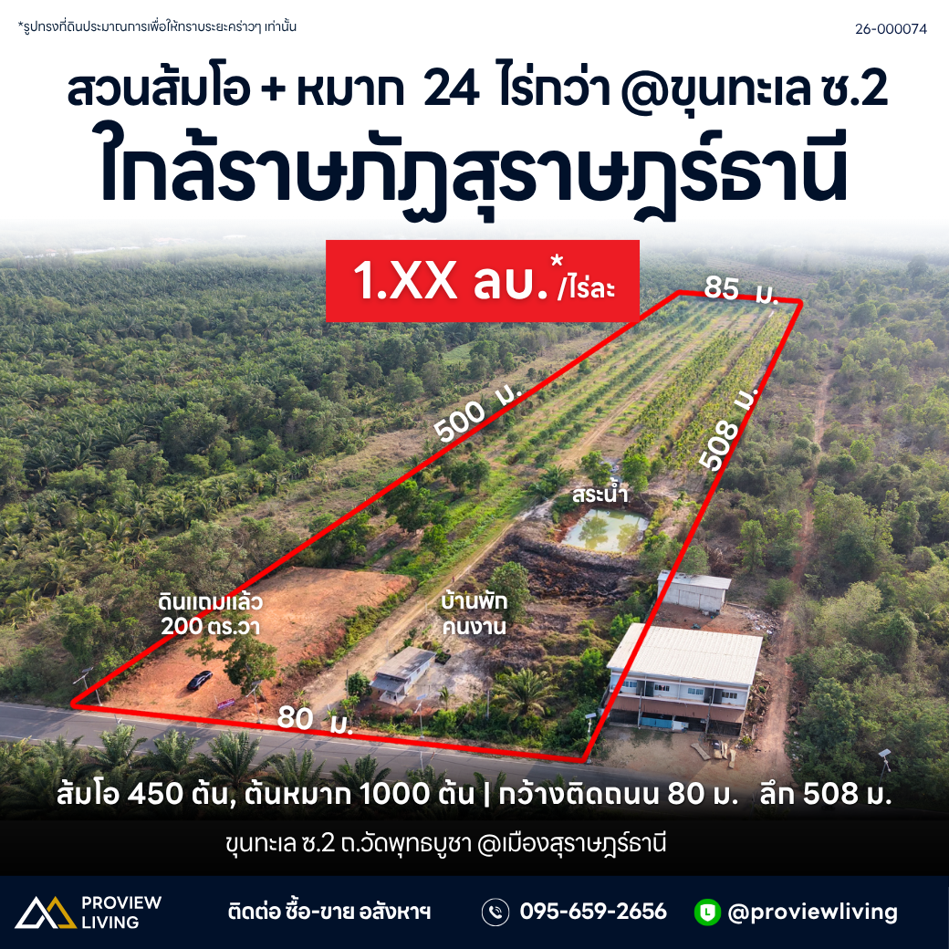 26-000074 สวนส้มโอ + หมาก 24 ไร่กว่า @ขุนทะเล ซ.2