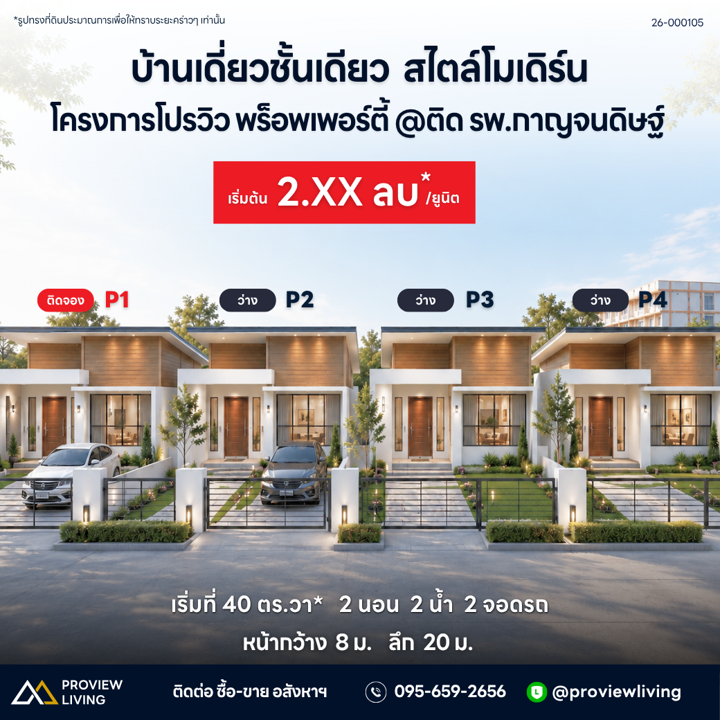 เปิดเฟสใหม่! บ้านเดี่ยวชั้นเดียว สไตล์โมเดิร์น ติด รพ. กาญจนดิษฐ์ เริ่มต้น 2.XX ลบ* / หลัง