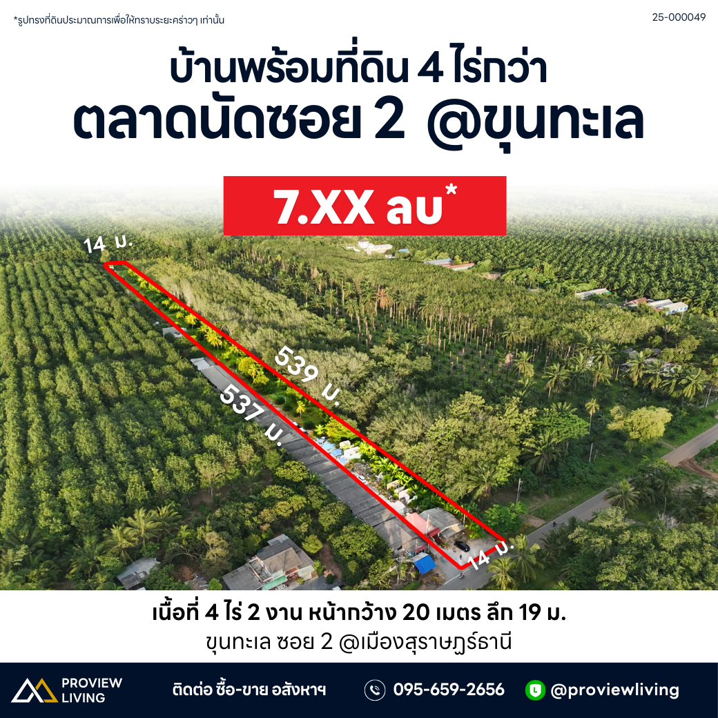 ขายด่วน บ้านพร้อมที่ดิน 4 ไร่ 2 งาน 73 ตร.ว. พิกัดขุนทะเล ซอย 2 สุราษฎร์ธานี ใกล้โรงงานวงบัณฑิต