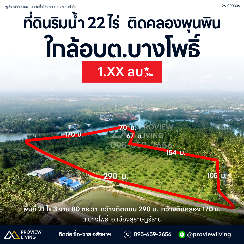 [ขายด่วน] ที่ดินริมแม่น้ำ เนื้อที่ 21 ไร่ 3 งาน 80.0 ตารางวา @บางโพธิ์ สุราษฎร์ธานี