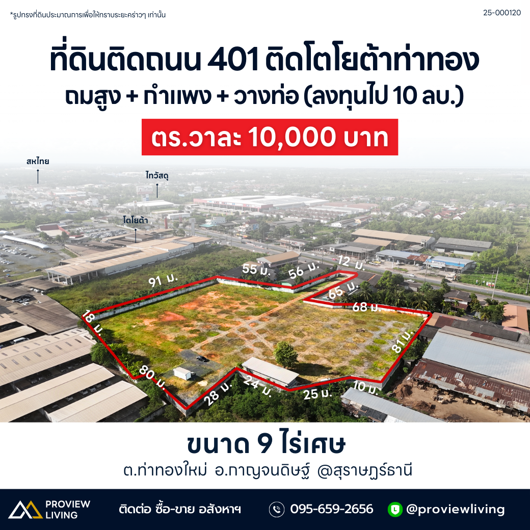 [ขายด่วน] ที่ดินเปล่า 9 ไร่กว่า โซนท่าทอง กาญจนดิษฐ์ ติดถนนเส้นสุราษฎร์–นครศรีฯ (401) ใกล้ โตโยต้าท่าทองใหม่เพียง 200 เมตร