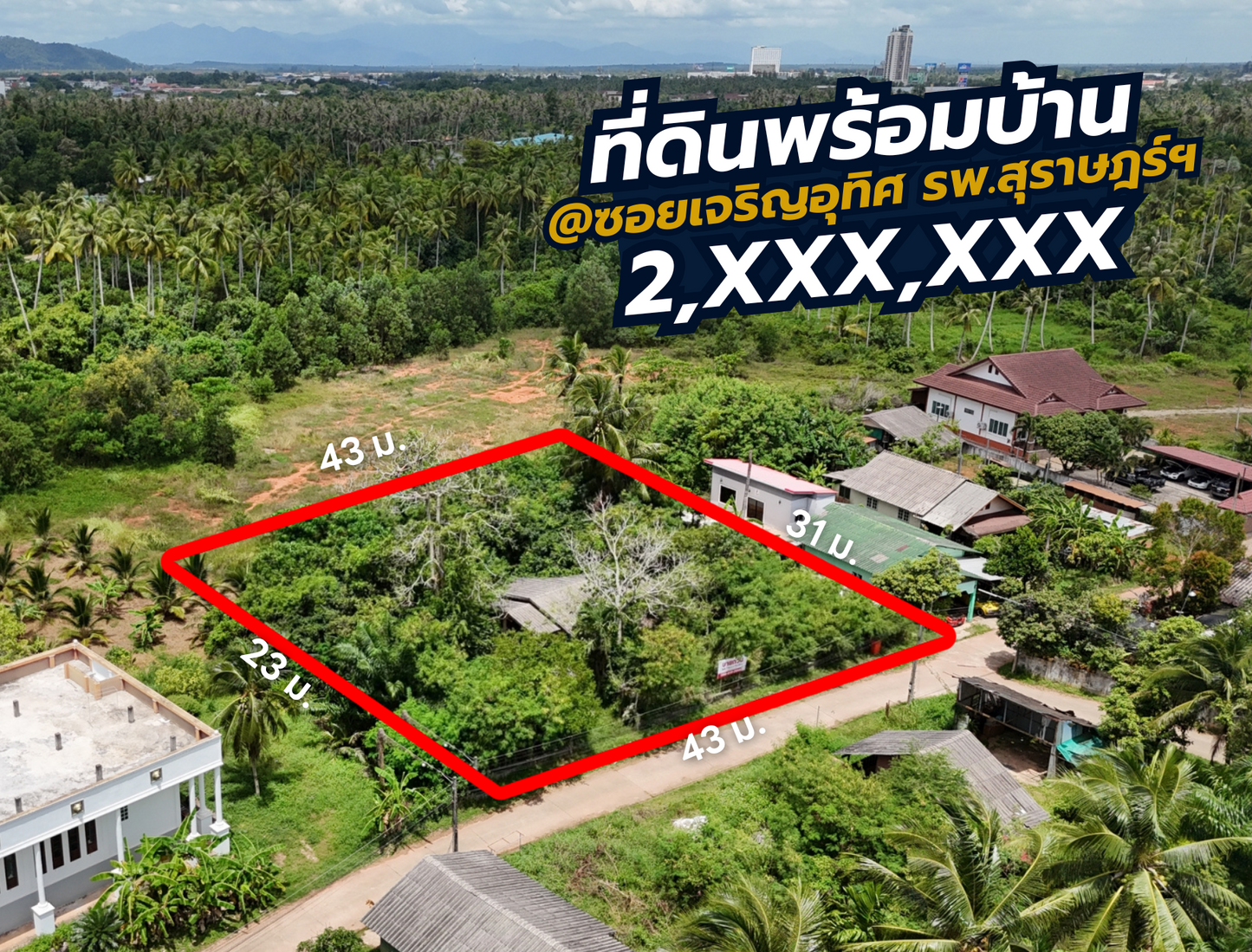[ขาย] BS-02 ที่ดิน + บ้านเดี่ยว 1 ชั้น ขนาด 274.6 ไร่ ซ.เจริญอุทิศ (ใกล้สึบาเมะ) ใกล้ รพ.สุราษฎร์, เซ็นทรัล, แหล่งชุมชน