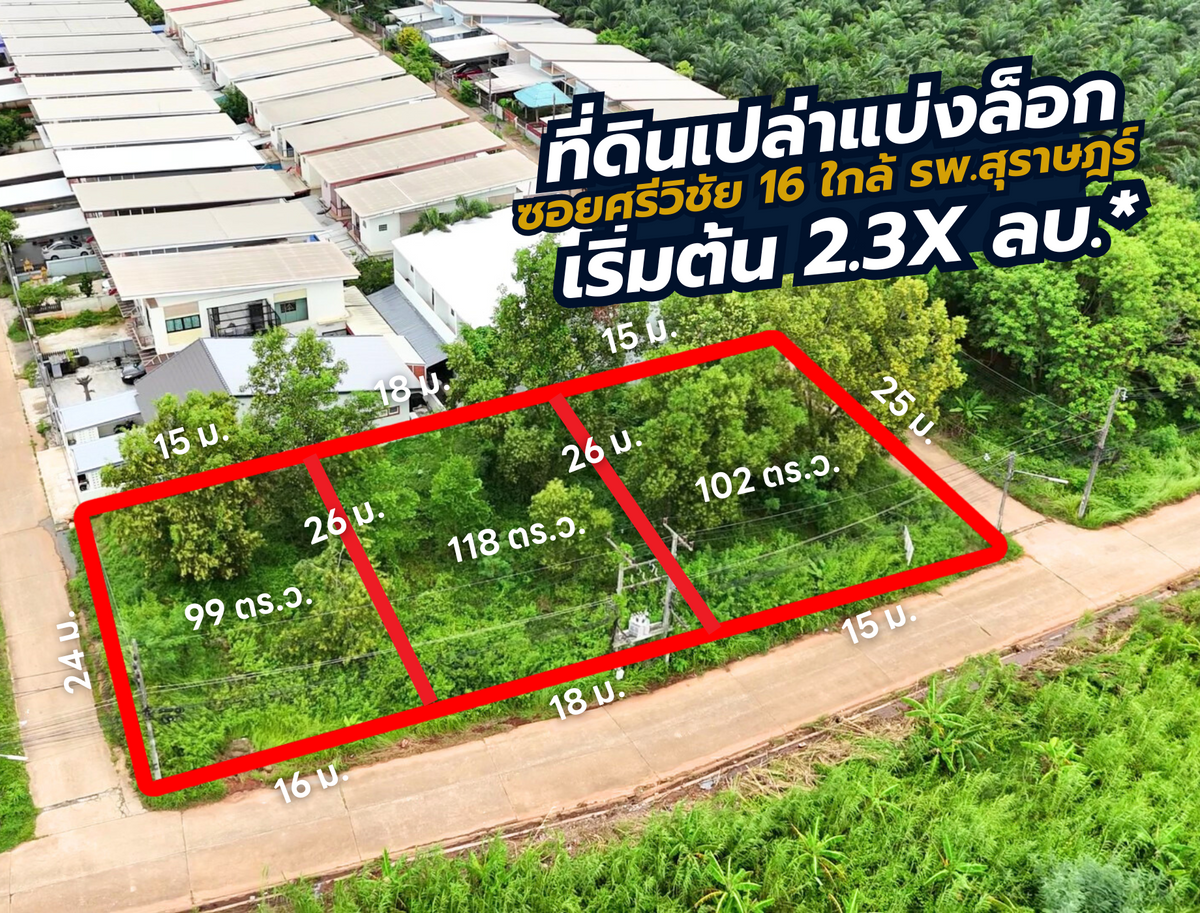 [ขาย] ที่ดินแบ่งล็อก พร้อมขาย 3 แปลง เริ่มต้นที่ 2.43 ล้านบาท เหมาะปลูกบ้านจัดสรร @ศรีวิชัย 16 BS-08
