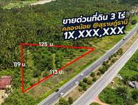 [For Sale] BS-05 Beautiful triangular plot of land on the way to Surat Thani Airport. 113 m. frontage, 3 rai, Khlong Noi.