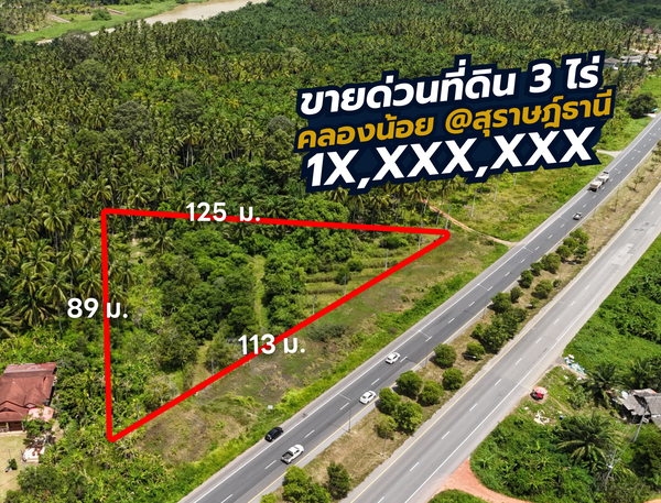 [For Sale] BS-05 Beautiful triangular plot of land on the way to Surat Thani Airport. 113 m. frontage, 3 rai, Khlong Noi.