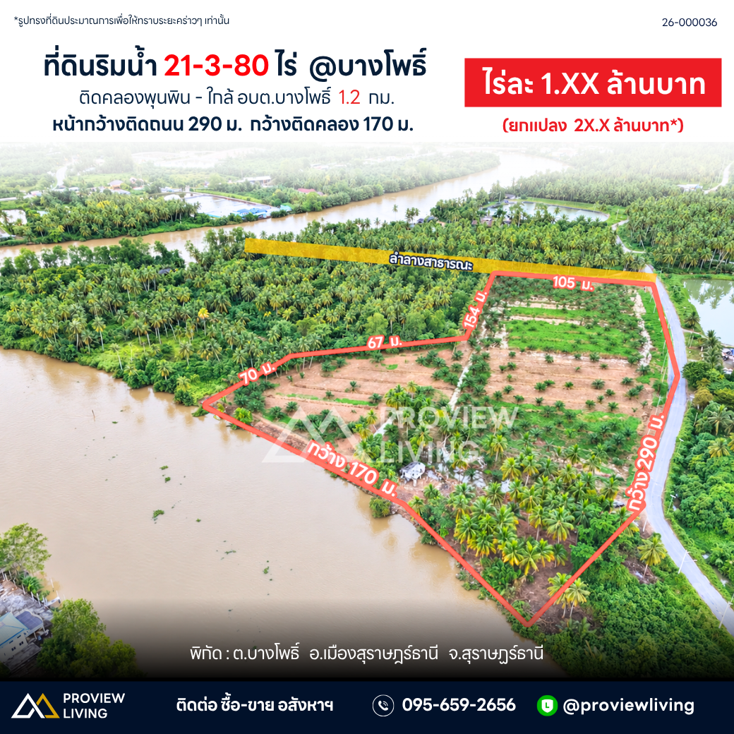 ขายด่วน ที่ดินริมแม่น้ำ เนื้อที่ 21 ไร่ 3 งาน 80.0 ตารางวา บางโพธิ์ สุราษฎร์ธานี