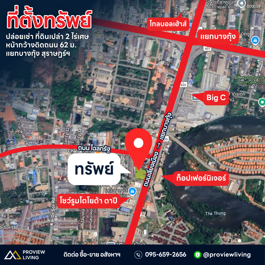 [ปล่อยเช่า] ที่ดินเปล่า แยกบางกุ้ง เยื้องบิ๊กซีสุราษฎร์ฯ 2 ไร่ 1 งาน 10.9 ตารางวา ค่าเช่า 100,000/เดือน (สัญญาเริ่มต้น 5-10 ปี)
