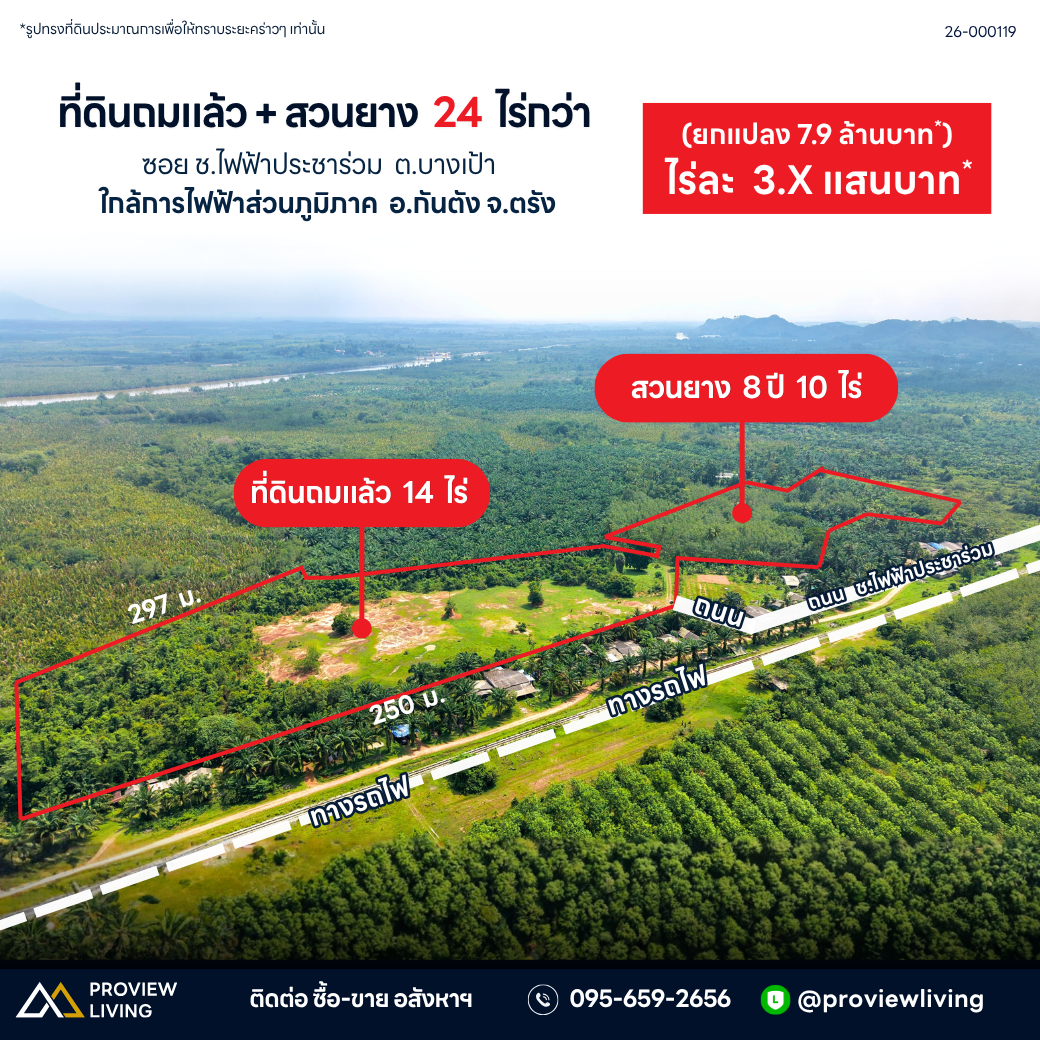 ขายที่ดินถมแล้ว + สวนยาง 24 ไร่กว่า ซอย ช.ไฟฟ้าประชาร่วม ต.บางเป้า ใกล้การไฟฟ้าส่วนภูมิภาค อ.กันตัง จ.ตรัง