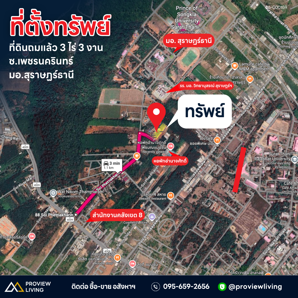 ขายที่ดิน 3 ไร่ 3 งาน 37.9 ตารางวา ซอยเพชรนครินทร์ ใกล้มอ.สุราษฎร์ธานี ราคา 9.XX ล้านบาท