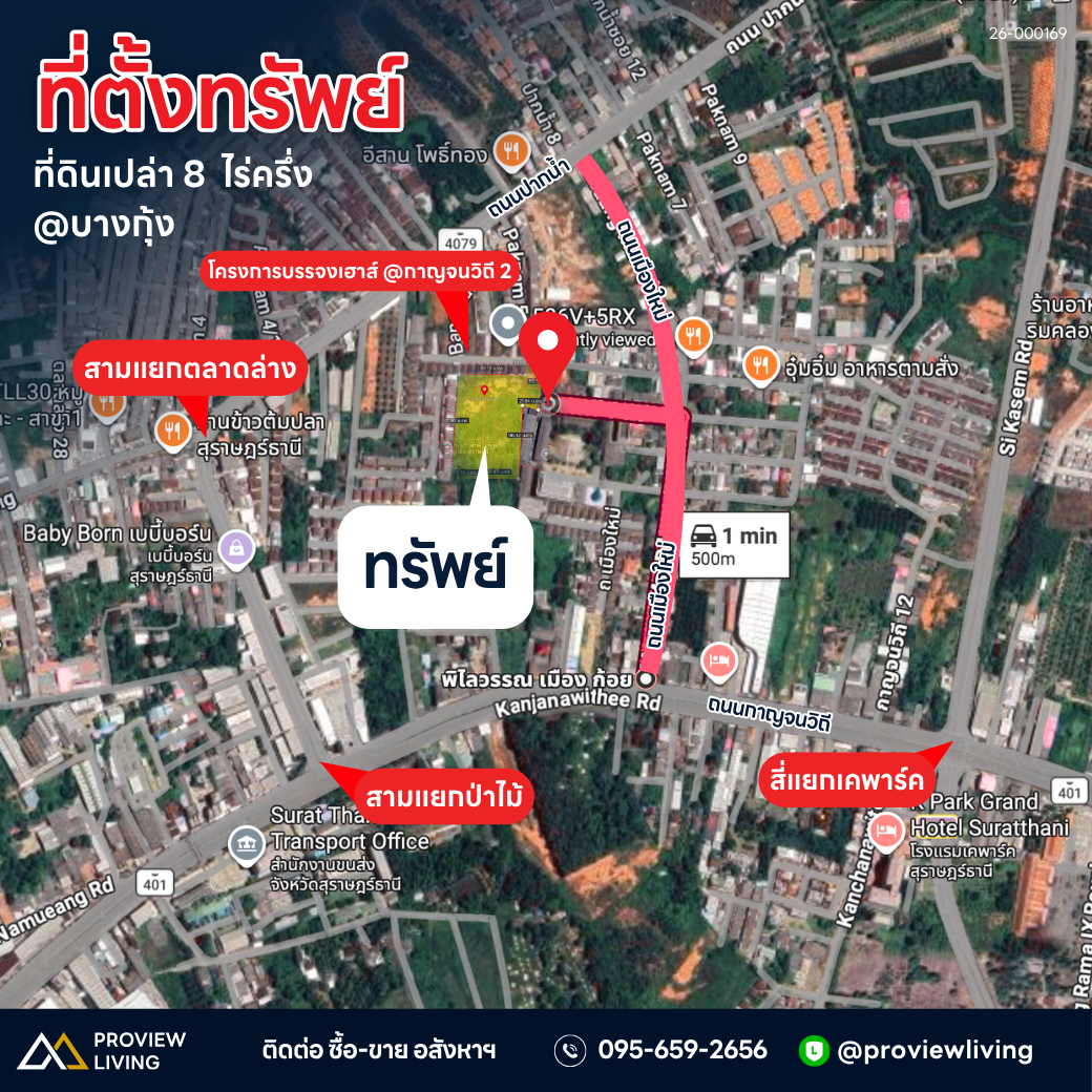 ขายที่ดินเปล่า 8 ไร่ 1 งาน 83.8 ตร.วา @บางกุ้ง ใจกลางเมืองสุราษฏร์  | 55 ล้านบาท