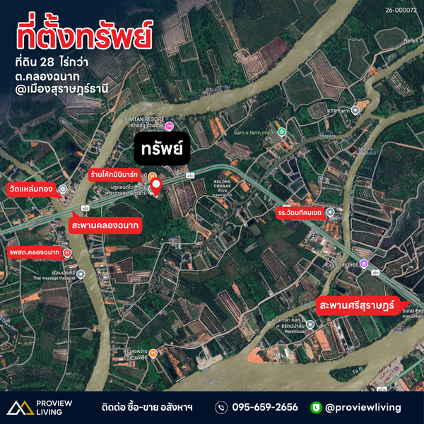 ขายที่ดินเปล่าสุราษฎร์ ใกล้บลูแอนด์ไวท์ ศูนย์กระจายสุราษฎร์ธานี 28 ไร่ 3 งาน 92.5 ตร.วา ราคา 50.XX ลบ