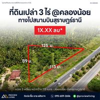 [For Sale] BS-05 Beautiful triangular plot of land on the way to Surat Thani Airport. 113 m. frontage, 3 rai, Khlong Noi.