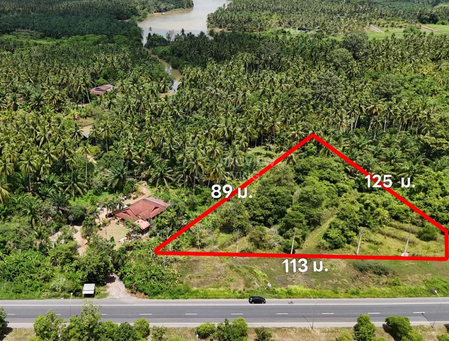 [ขาย] BS-05 ที่ดินทรงสวยรูปสามเหลี่ยม ทางไปสนามบินสุราษฎร์ธานี หน้ากว้าง 113 ม. ขนาด 3 ไร่ @คลองน้อย