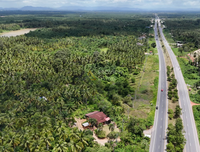 [For Sale] BS-05 Beautiful triangular plot of land on the way to Surat Thani Airport. 113 m. frontage, 3 rai, Khlong Noi.