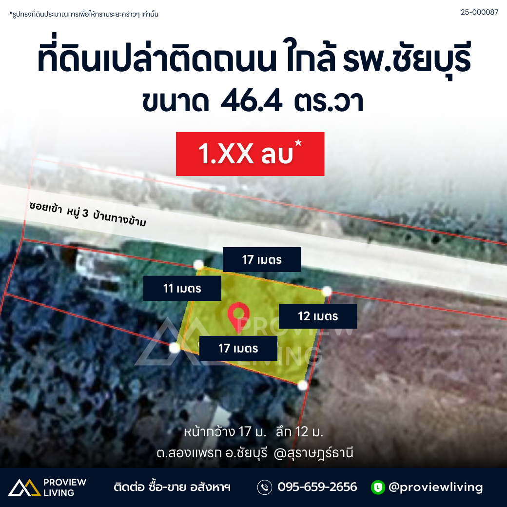 [ขายด่วน] ที่ดินเปล่าติดถนน ใกล้รพ.ชัยบุรี ขนาด 46.4 ตร.วา หน้ากว้าง 17ม. ลึก 12ม. ราคา1.XX ลบ.