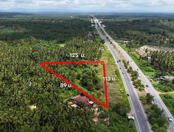 [For Sale] BS-05 Beautiful triangular plot of land on the way to Surat Thani Airport. 113 m. frontage, 3 rai, Khlong Noi.