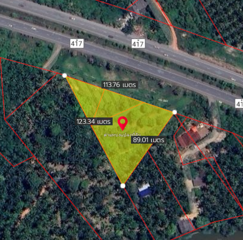 [ขาย] BS-05 ที่ดินทรงสวยรูปสามเหลี่ยม ทางไปสนามบินสุราษฎร์ธานี หน้ากว้าง 113 ม. ขนาด 3 ไร่ @คลองน้อย