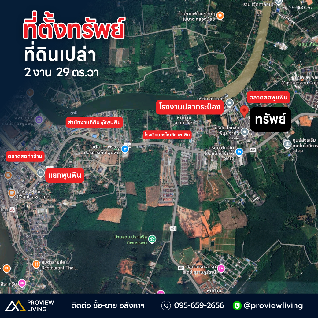 [ขายด่วน] ขายด่วน ที่ดินเปล่าพร้อมใช้ ใจกลางพุนพิน ขนาด 2 งาน 29.1 ตร.ว. หน้ากว้าง 39 เมตร ถมแล้วพร้อมพัฒนา ใกล้พุนพินวิลล่า และบริษัท สุราษฎร์ซีฟู้ดส์ จำกัด