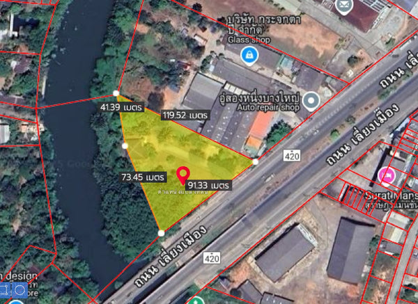 [For Sale] Waterfront Land, Triangular Plot, 3 Rai 90.8 Sq. Wah., Next to Bypass Road, Bang Yai, Surat Thani