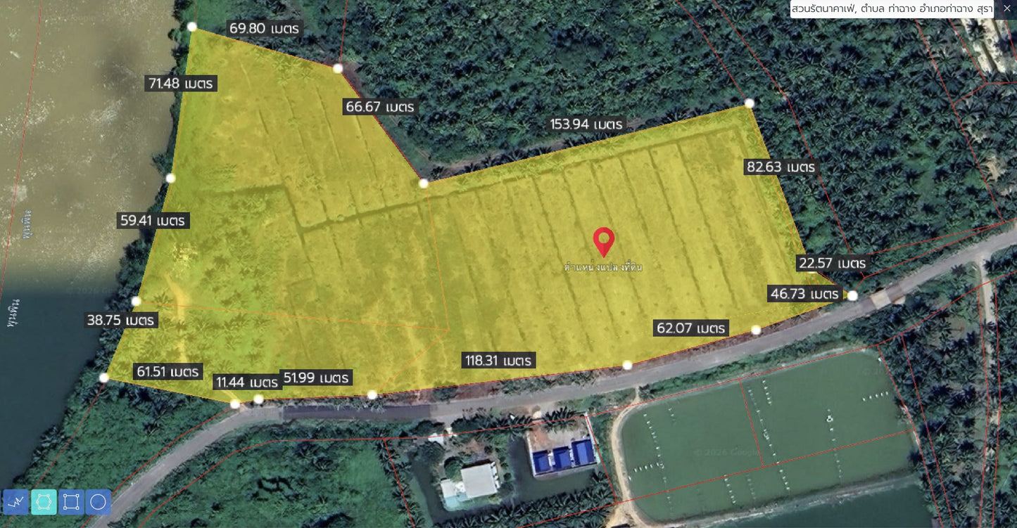 [ขายด่วน] ที่ดินริมแม่น้ำ เนื้อที่ 21 ไร่ 3 งาน 80.0 ตารางวา @บางโพธิ์ สุราษฎร์ธานี