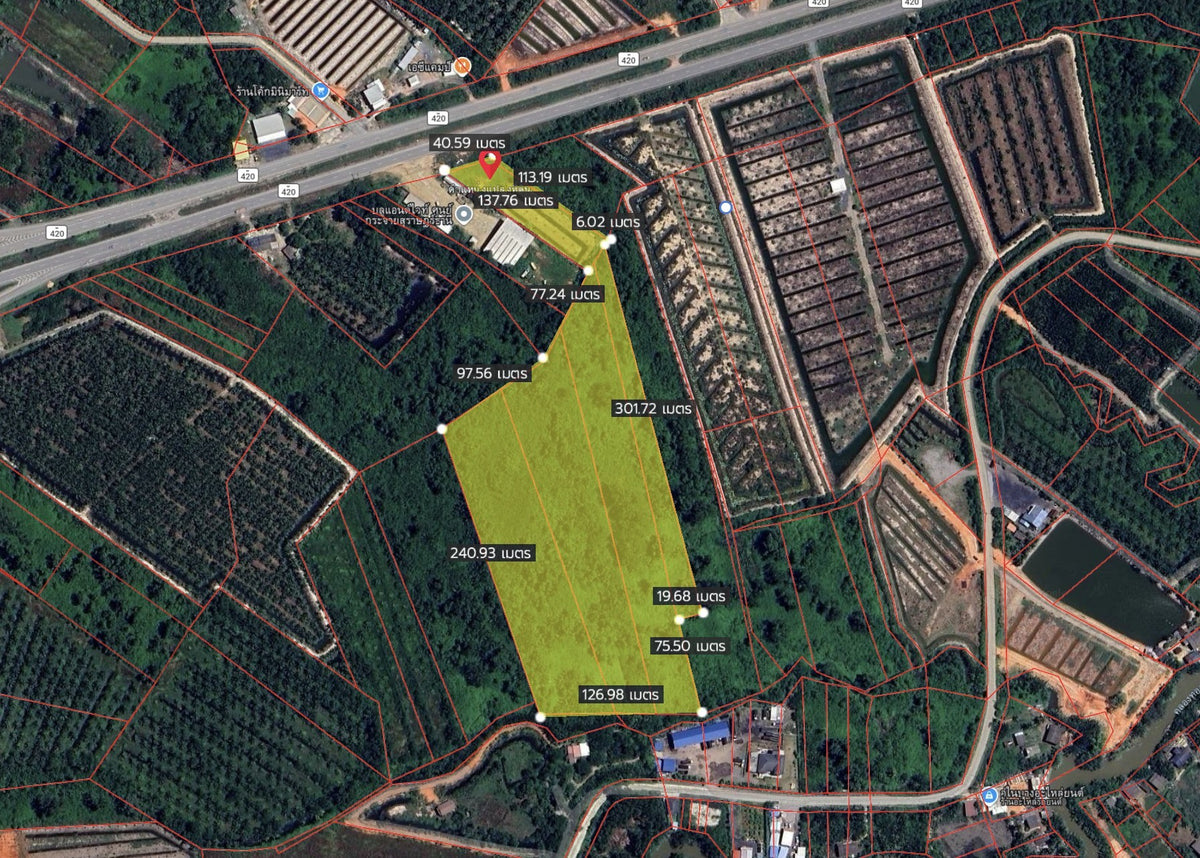 ขายที่ดินเปล่าสุราษฎร์ ใกล้บลูแอนด์ไวท์ ศูนย์กระจายสุราษฎร์ธานี 28 ไร่ 3 งาน 92.5 ตร.วา ราคา 50.XX ลบ