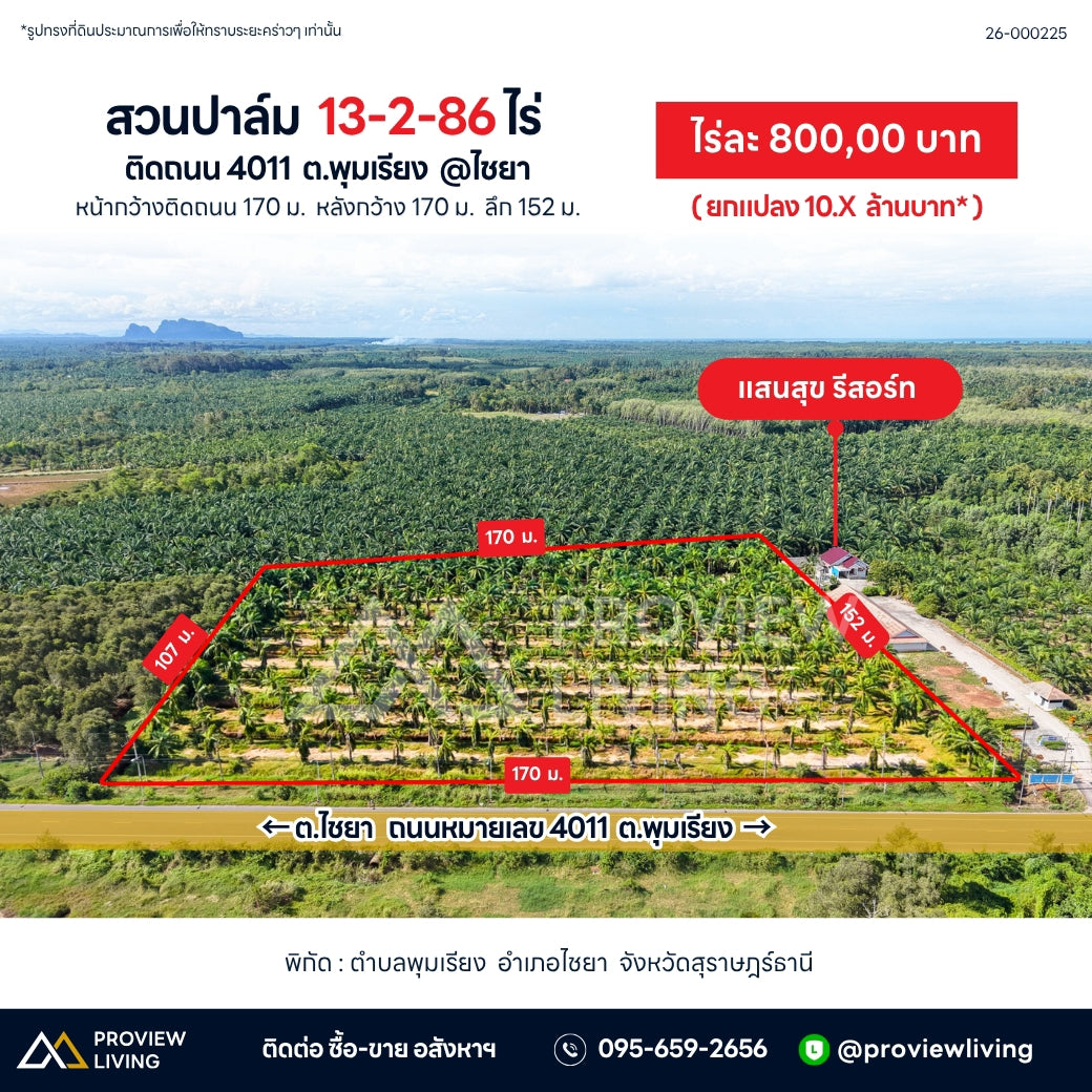 ขายสวนปาล์ม 13-2-86 ไร่ ติดถนน 4011 ต.พุมเรียง @ไชยา ไร่ละ 800,000 บาท ยกแปลง 10.X ล้านบาท