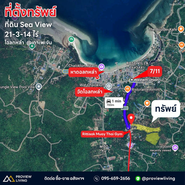 ขายที่ดิน Sea View 21-3-14 ไร่ @เกาะพะงัน ใกล้หาดโฉลกหลำ 800 ม. - ห่างจาก ถ. ท้องศาลา - โฉลกหลำ 100 ม. ไร่ละ 5.5X ล้านบาท