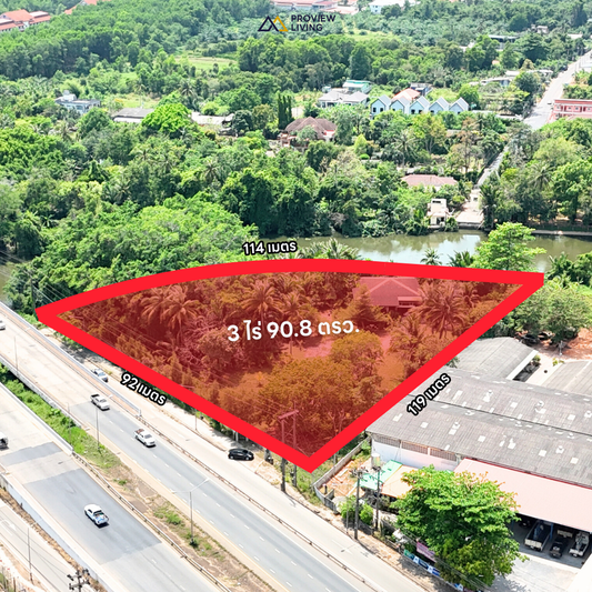 [ขาย] ที่ดินริมน้ำ แปลงสามเหลี่ยม 3 ไร่ 90.8 ตร.ว. ติดถนนเลี่ยงเมือง @บางใหญ่ สุราษฎร์ธานี